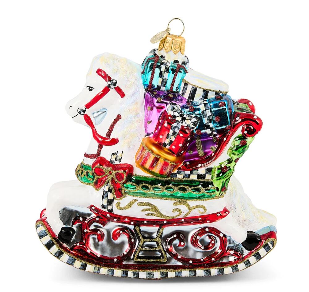MacKenzie-Childs Rocking Horse with Gifts Glass Ornament Hand Painted NEW